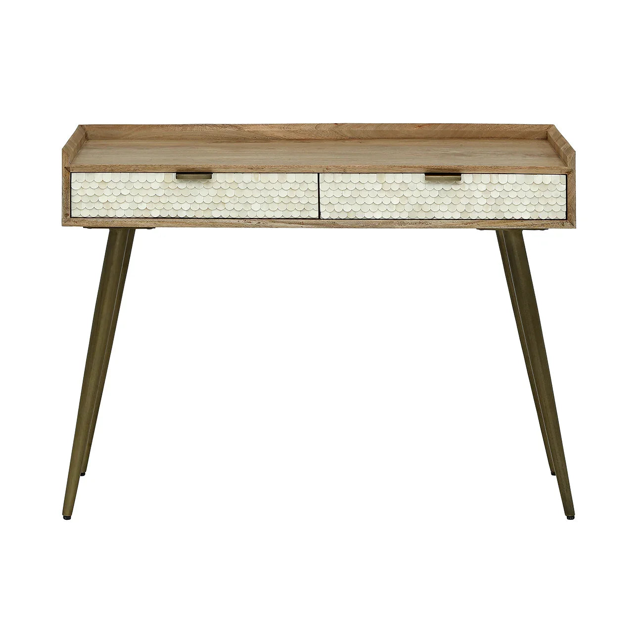 Wooden desk with bone inlay drawers and angled legs.