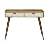 Wooden desk with bone inlay drawers and angled legs.