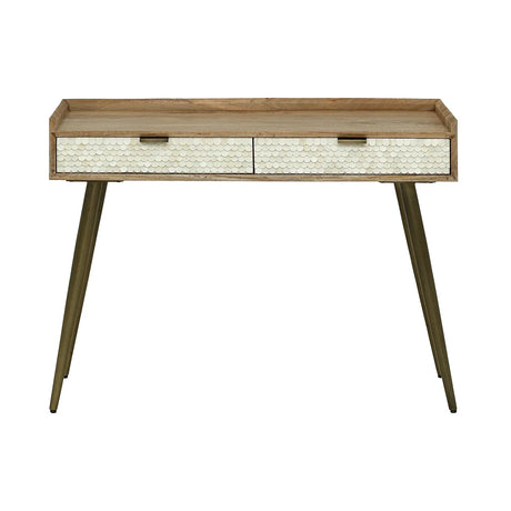 Wooden desk with bone inlay drawers and angled legs.