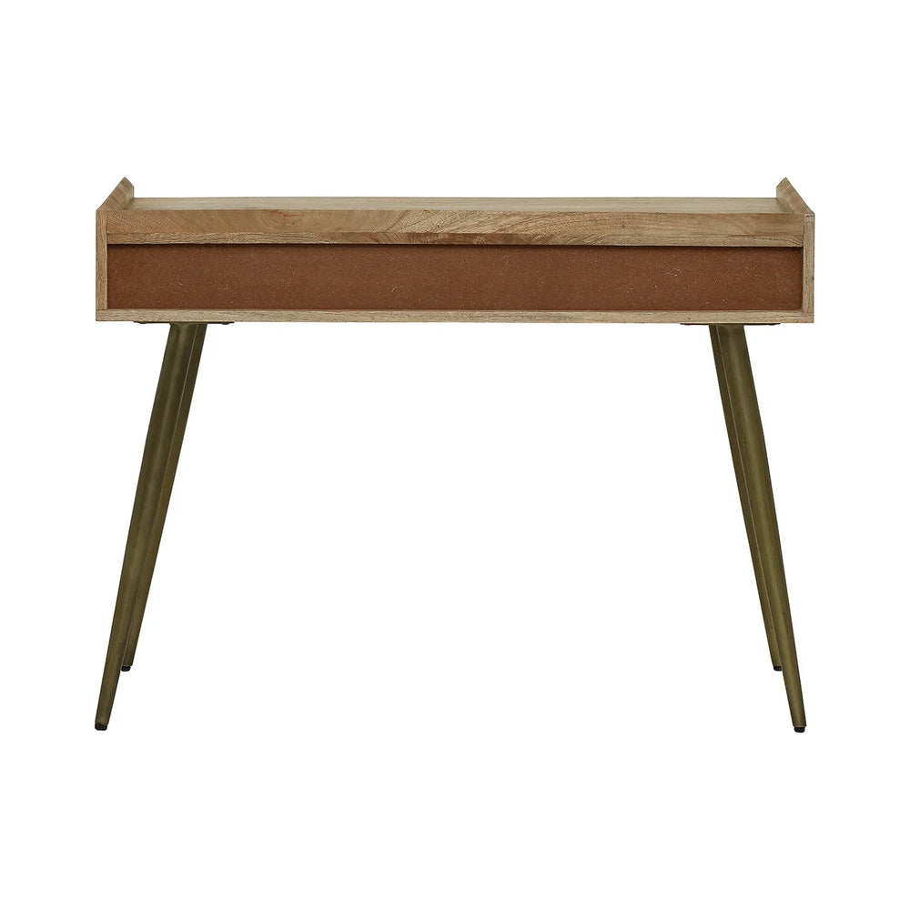 Wooden desk with angled metal legs and a sleek, minimalist design.