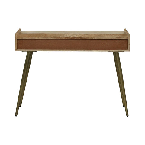 Wooden desk with angled metal legs and a sleek, minimalist design.