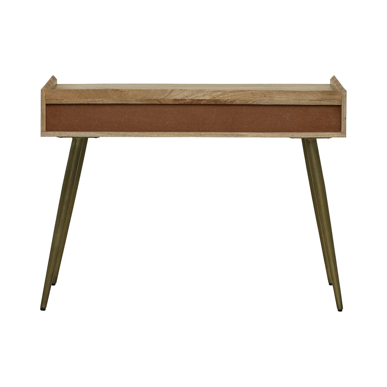 Wooden desk with angled metal legs and a sleek, minimalist design.