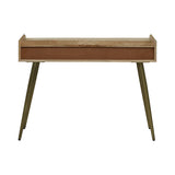 Wooden desk with angled metal legs and a sleek, minimalist design.