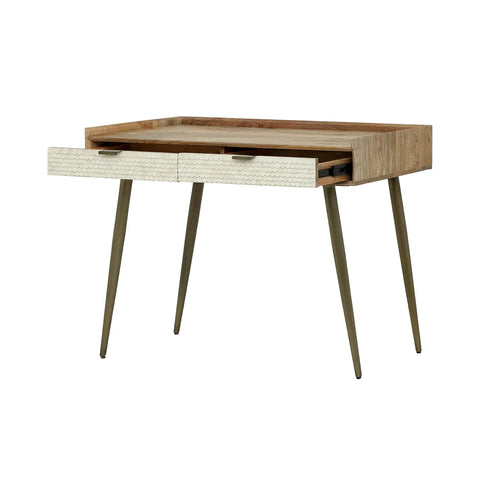 Wooden desk with bone inlay drawers and tapered legs.
