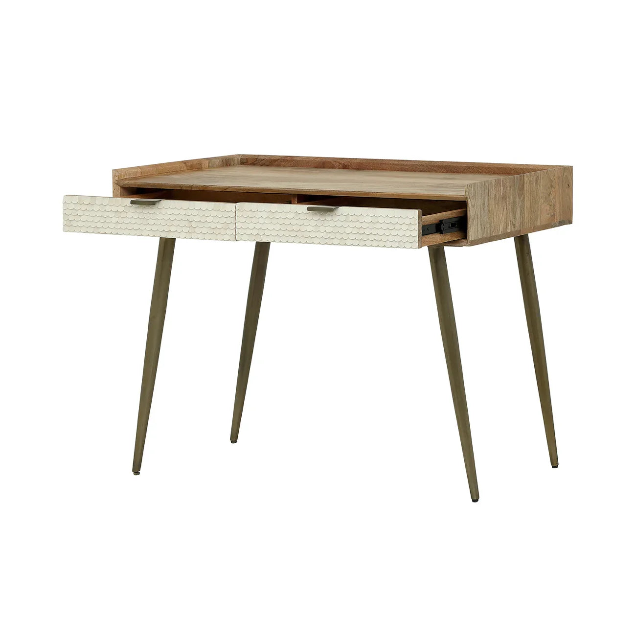 Wooden desk with bone inlay drawers and tapered legs.
