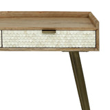 Natural wood desk with scalloped bone inlay drawer detail.