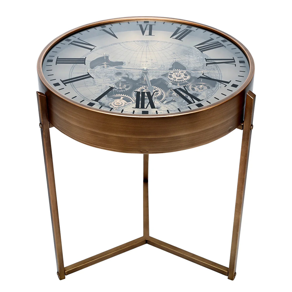 Bronze side table with glass top featuring clock design and visible cogs.