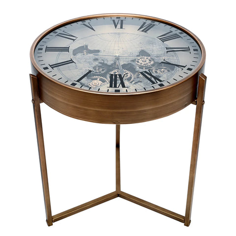 Bronze side table with glass top featuring clock design and visible cogs.