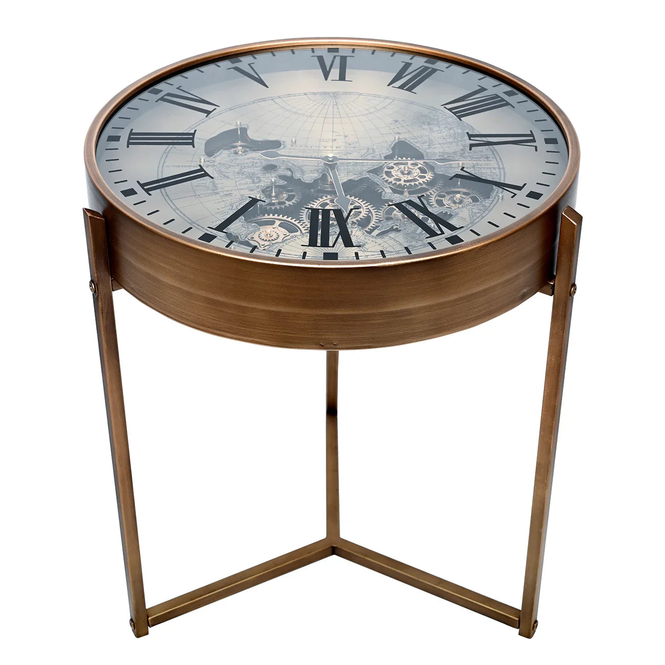 Bronze side table with glass top featuring clock design and visible cogs.