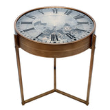 Bronze side table with glass top featuring clock design and visible cogs.