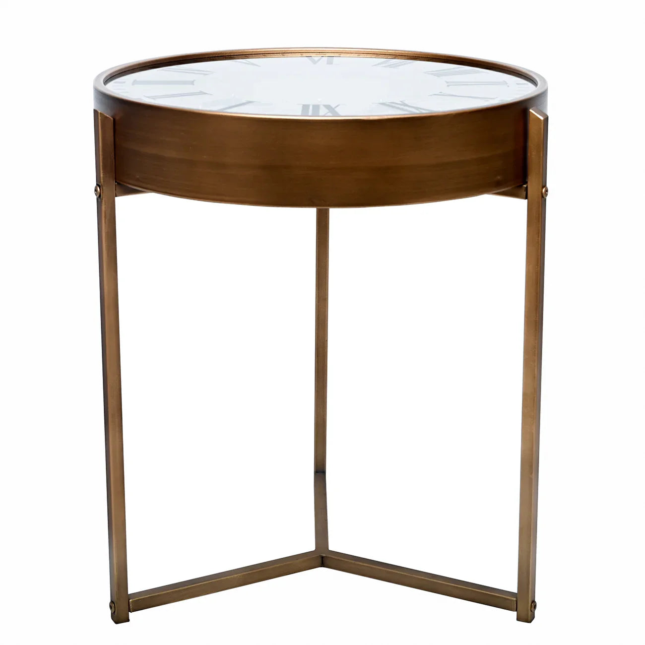 Bronze round side table with clock face top and sleek metal legs.