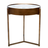 Bronze round side table with clock face top and sleek metal legs.