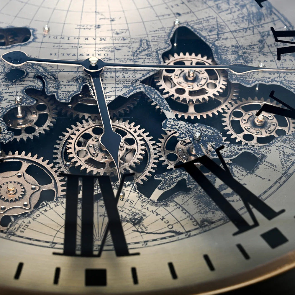 Intricate metal cogs and clock hands over a vintage map design.