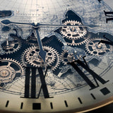 Intricate metal cogs and clock hands over a vintage map design.