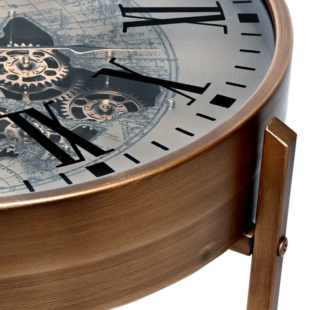 Bronze side table with visible clock face and intricate moving cogs.