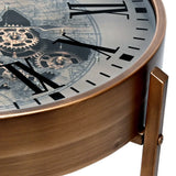 Bronze side table with visible clock face and intricate moving cogs.