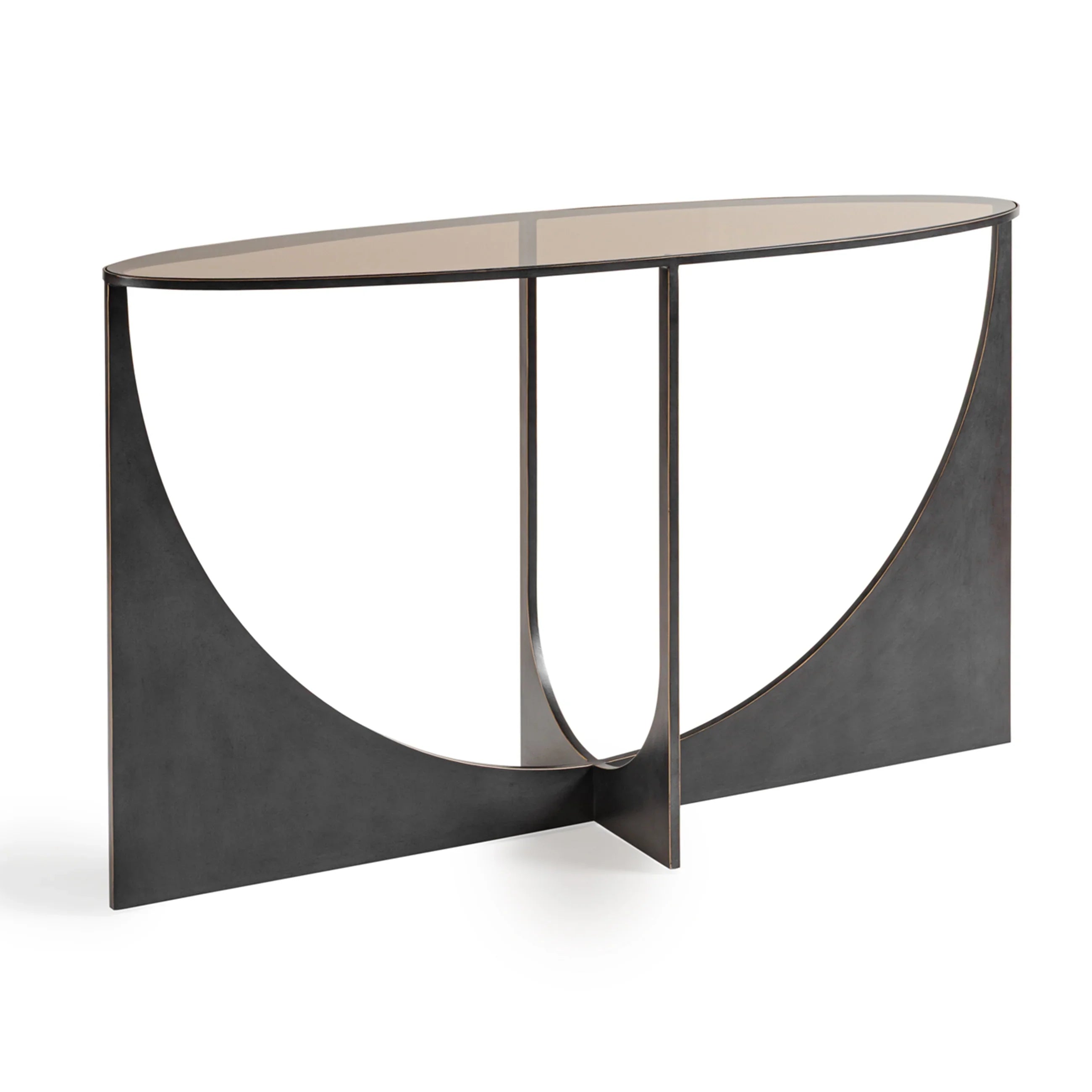 Black metal console table with a curved geometric design and glass top.