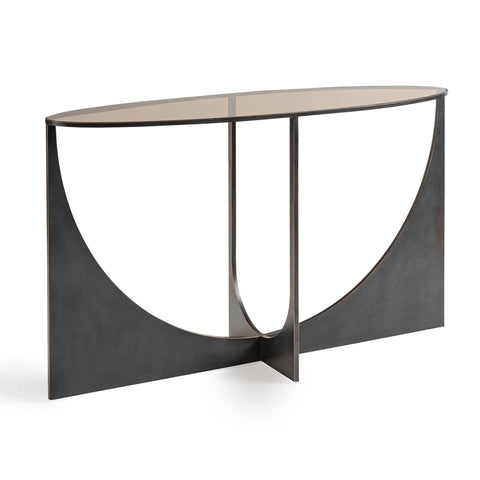 Black metal console table with a curved geometric design and glass top.