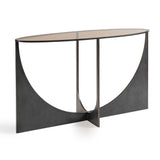 Black metal console table with a curved geometric design and glass top.