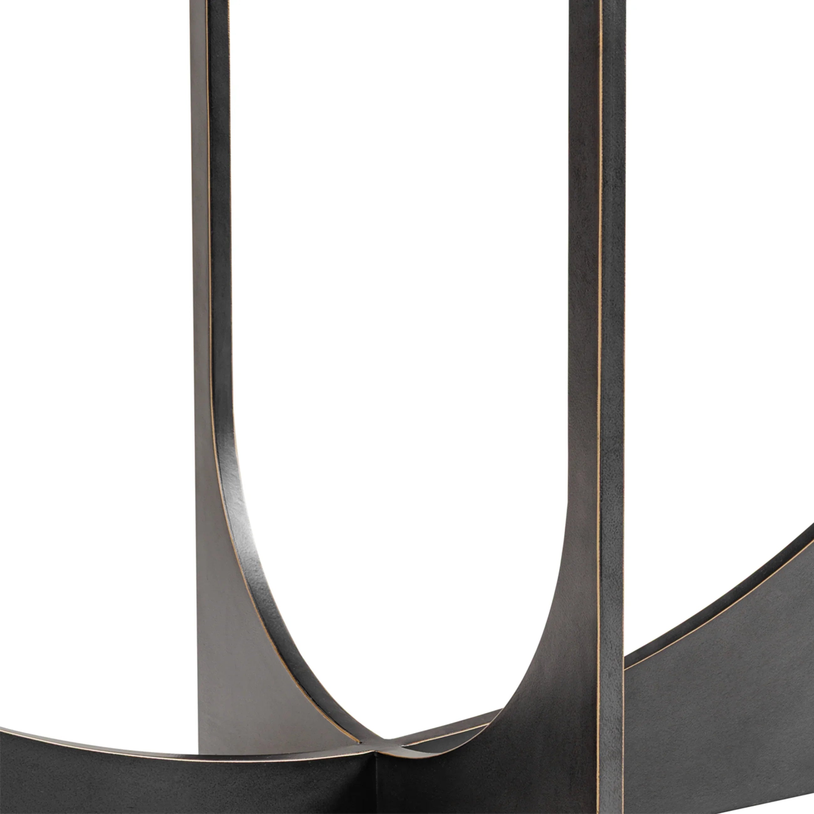 Dark metal console table base with curved sculpted design.