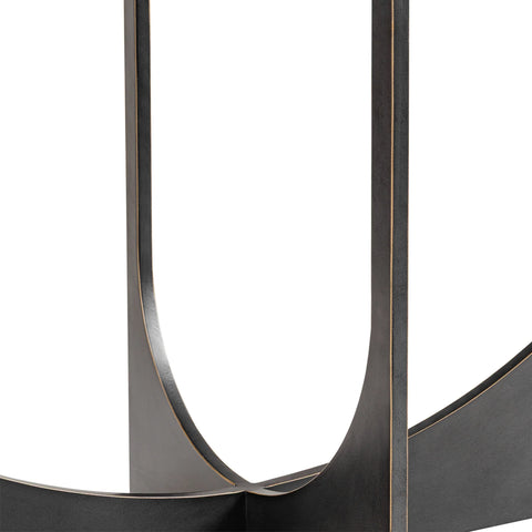 Dark metal console table base with curved sculpted design.