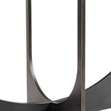 Dark metal console table base with curved sculpted design.