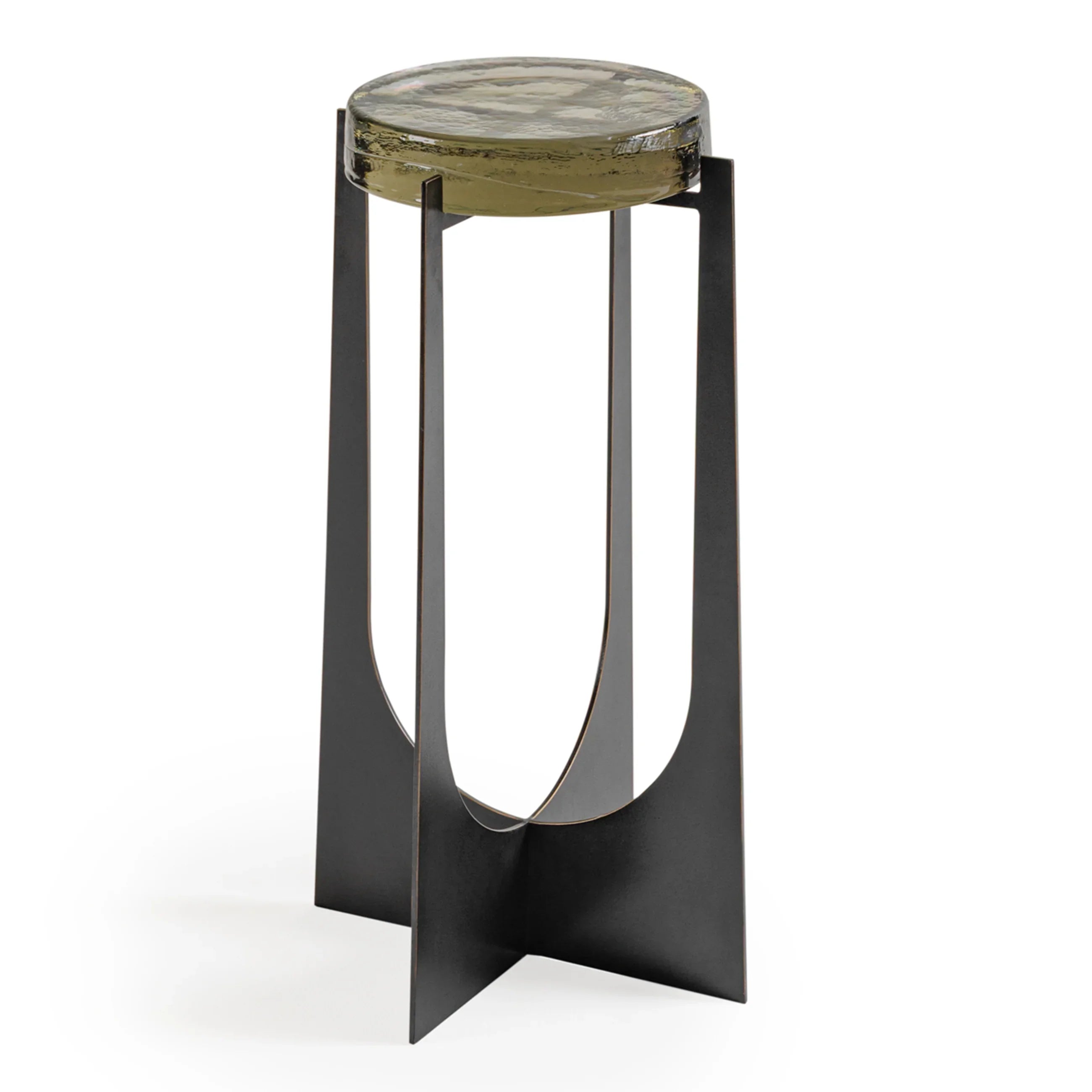 Black metal table with a round glass top and sleek, modern design.