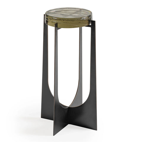 Black metal table with a round glass top and sleek, modern design.