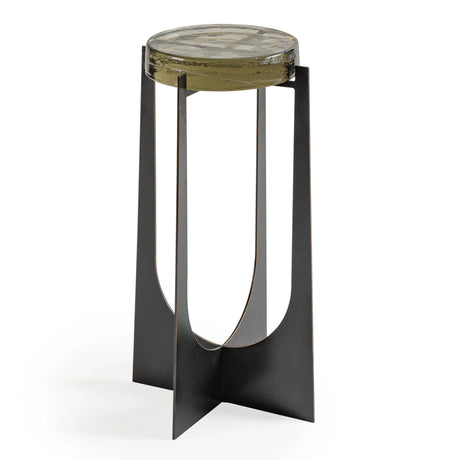Black metal table with a round glass top and sleek, modern design.