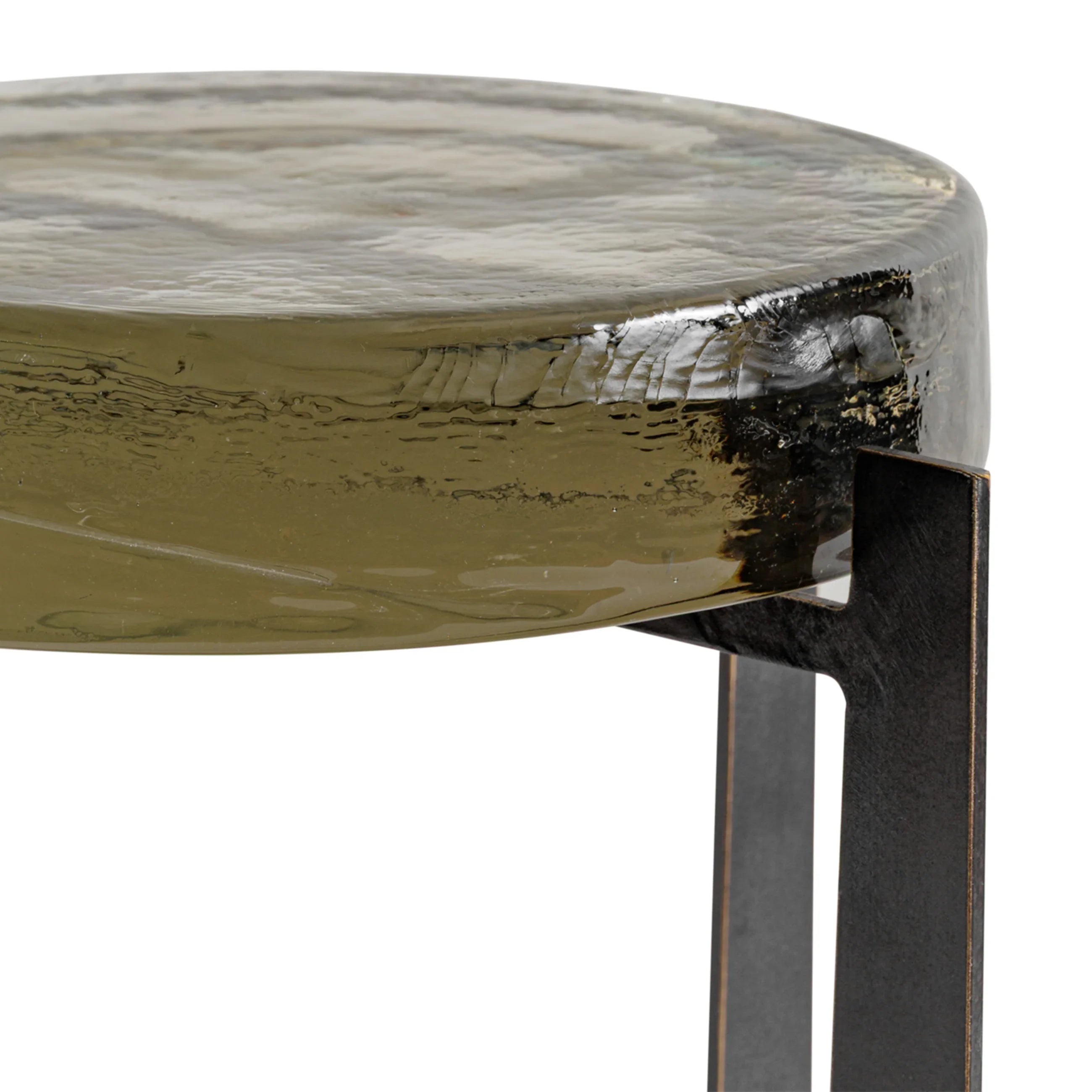 Olive green glass tabletop with textured surface and metal leg detail.