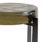 Olive green glass tabletop with textured surface and metal leg detail.