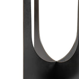 Black metal table leg with curved design detail.