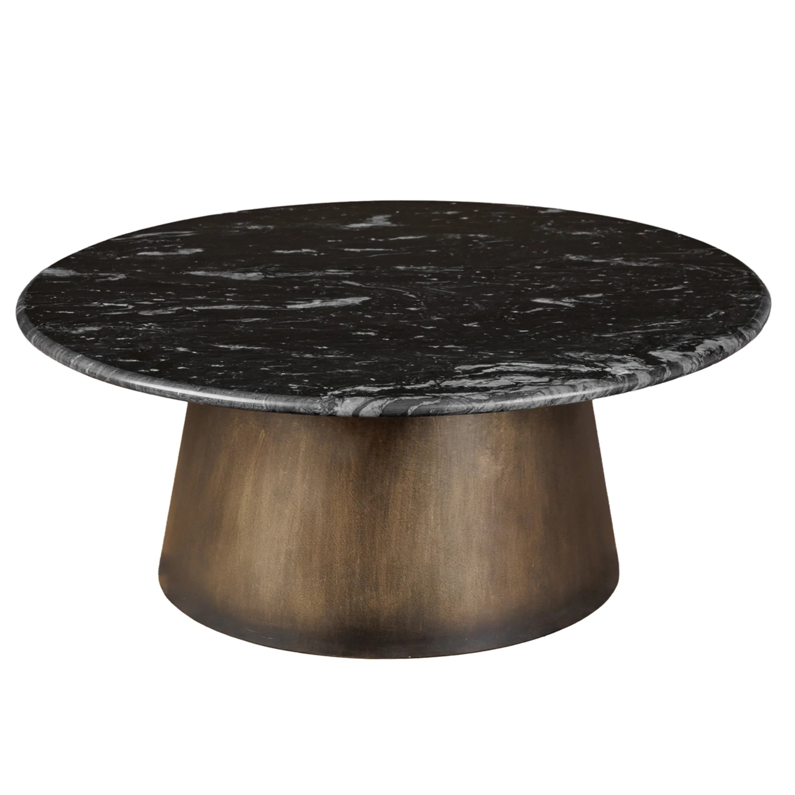 Black marble-topped table with a bronze cylindrical base.