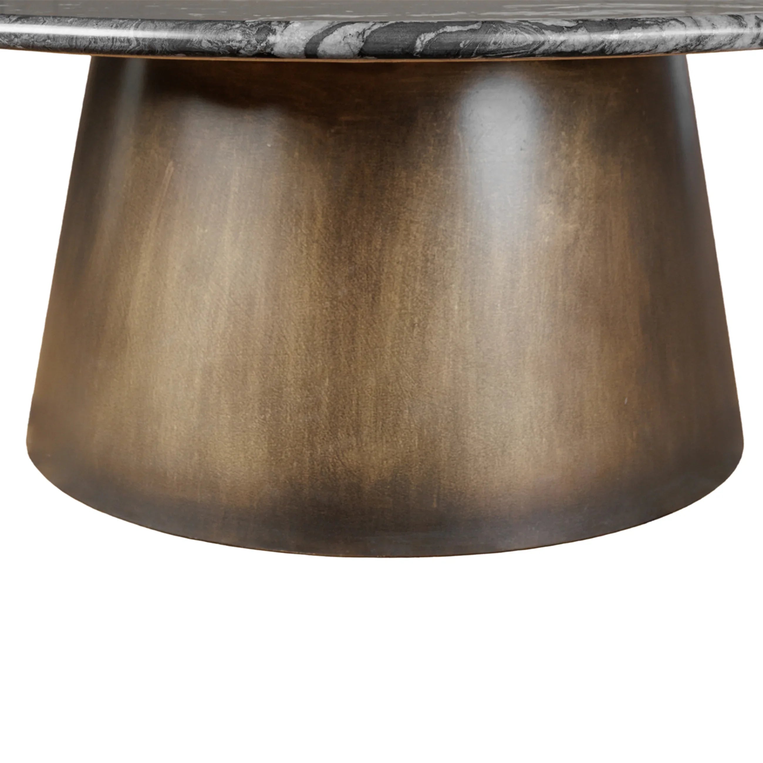 Dark bronze coffee table base with a black marble top edge.