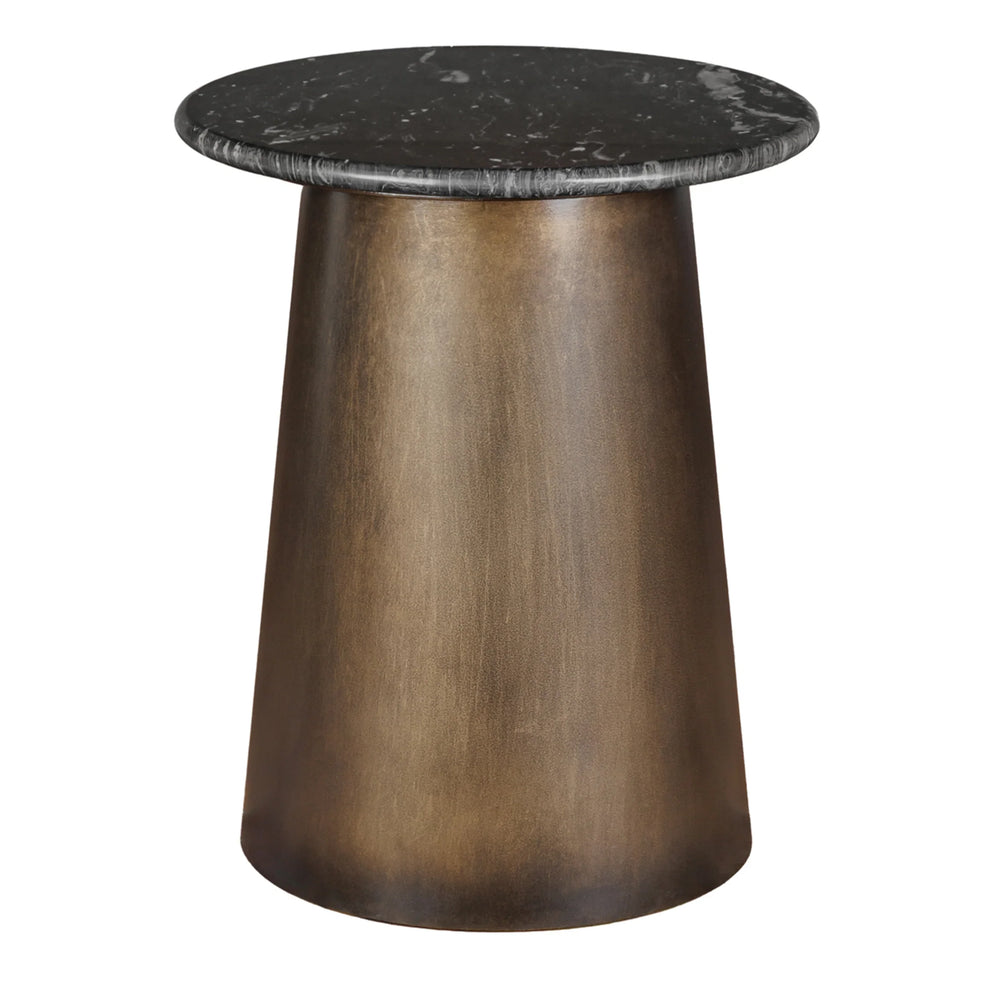 Black marble-topped table with a bronze tapered base.