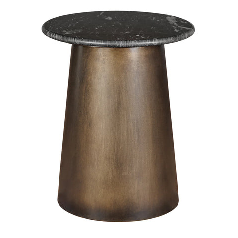 Black marble-topped table with a bronze tapered base.