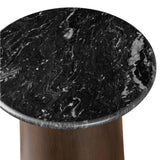 Black marble tabletop with swirling white patterns on a wooden base.