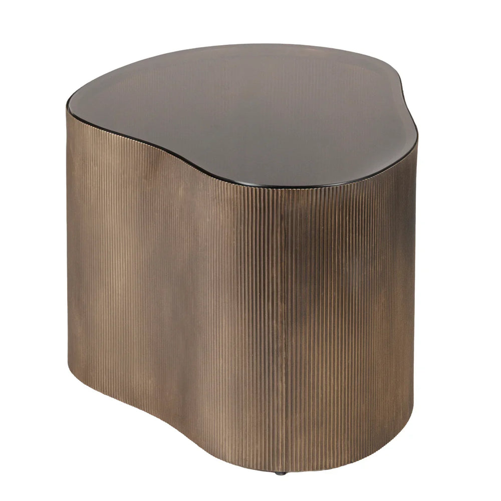 Bronze coffee table with ribbed texture and dark glass top.
