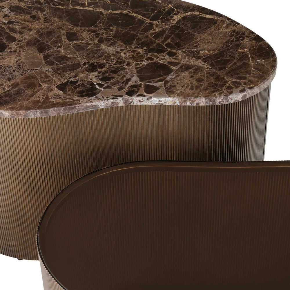 Brown marble coffee table with ribbed bronze base detail.