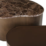 Brown marble coffee table with ribbed bronze base detail.