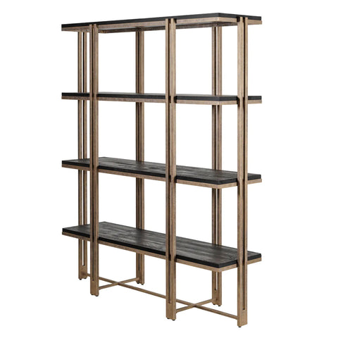 Dark wood shelving unit with light brown frame, side view.