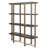 Dark wood shelving unit with light brown frame, side view.