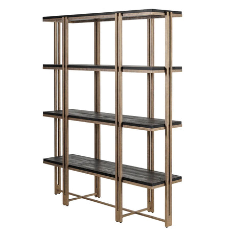 Dark wood shelving unit with light brown frame, side view.