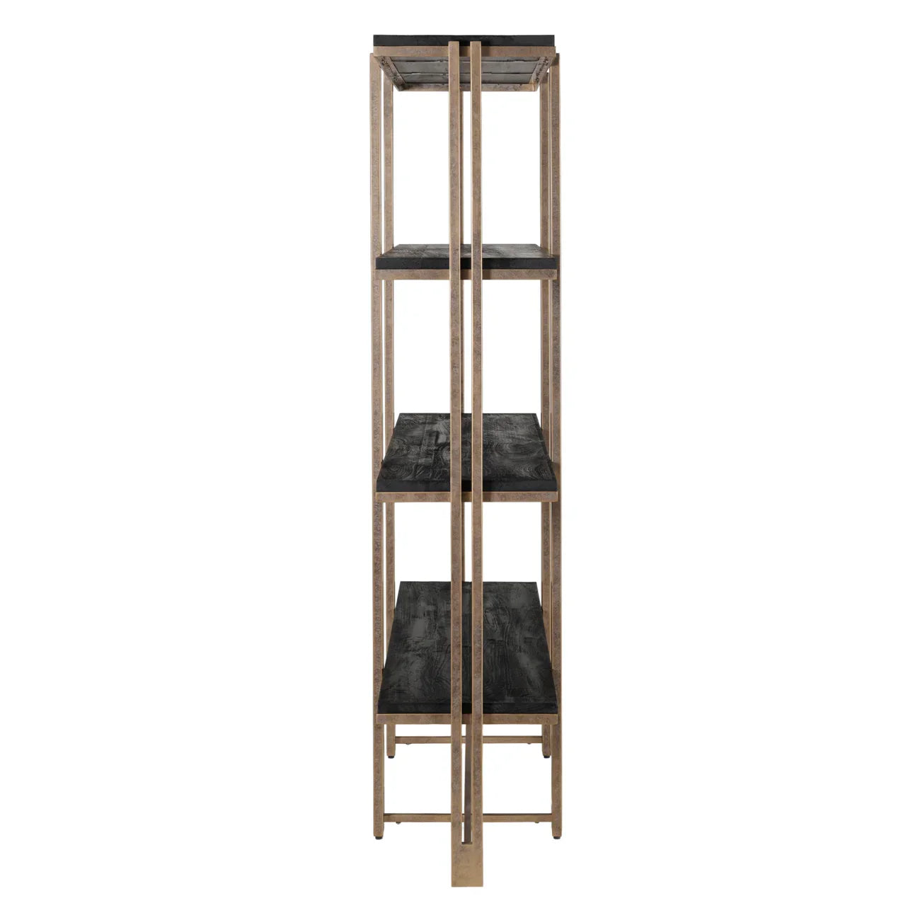 Tall shelving unit with black shelves and light wood frame, viewed from the side.