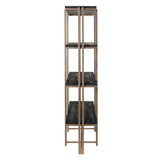 Tall shelving unit with black shelves and light wood frame, viewed from the side.