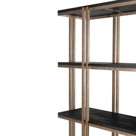 Dark wood shelving with metal frame detailing.