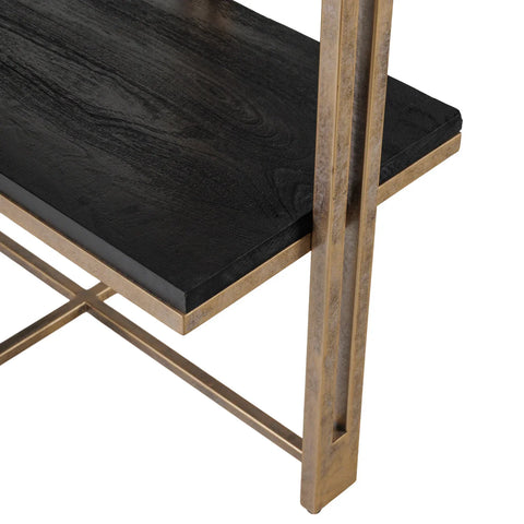 Black wooden shelf with gold metal frame detail.