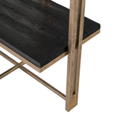 Black wooden shelf with gold metal frame detail.