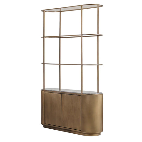 Gold shelving unit with storage and curved edges, featuring open shelves.