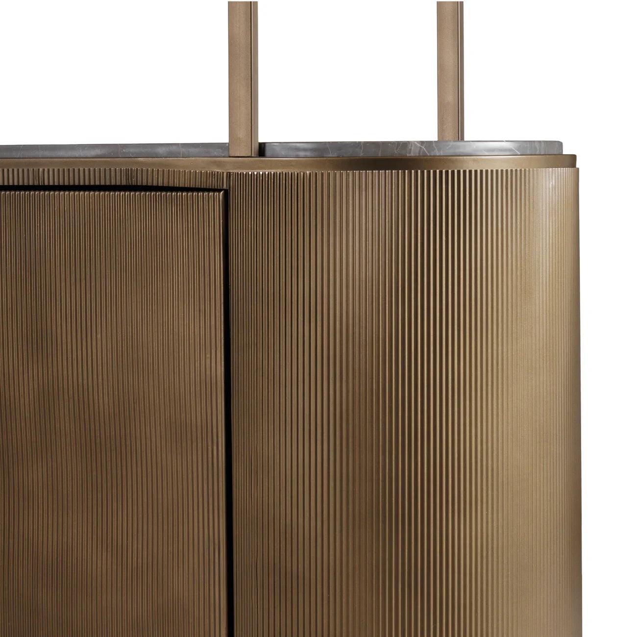Gold shelving unit with vertical ribbed texture detail.